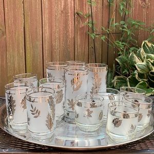 VTG MCM Libby Fall Leaves silver frosted cocktail glass set. instant collection